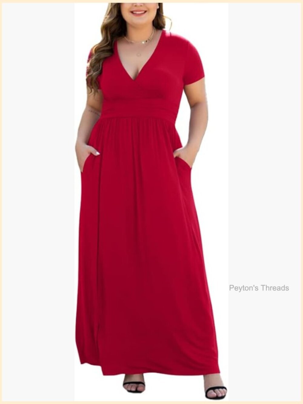 Plus Size Maxi Dress with Pockets Soft Rayon Spandex V-Neck Short Sleeve